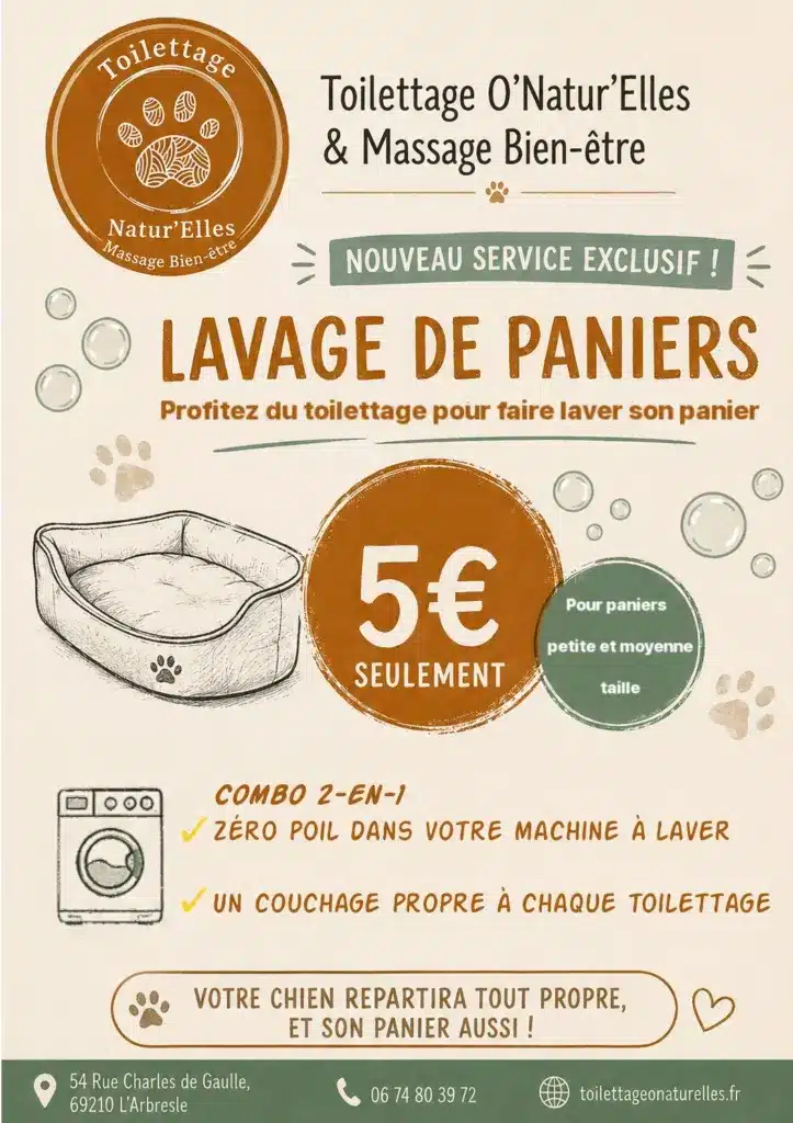 Affiche du lavage de paniers : 5 € pour les paniers de petite et moyenne taille, pendant le toilettage