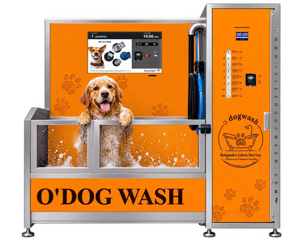 Station de lavage O'Dogwash : baignoire surélevée en inox, douchette, séchoir et borne de programmes