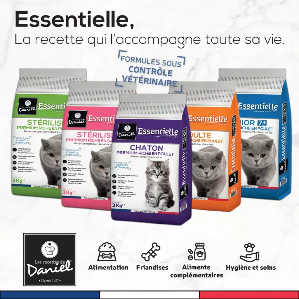 Gamme Essentielle pour chat : chaton, adulte, stérilisé et senior, formules sous contrôle vétérinaire