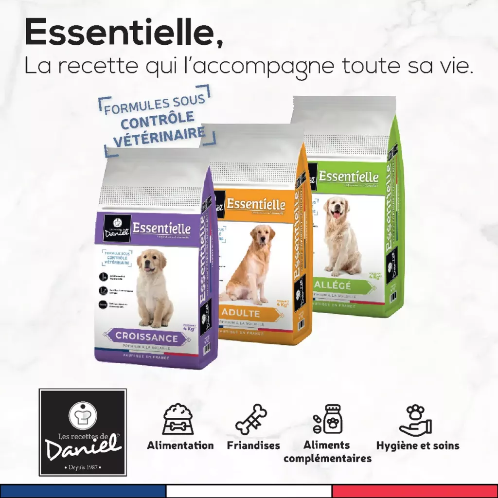 Gamme Essentielle pour chien : croissance, adulte et allégé, formules sous contrôle vétérinaire